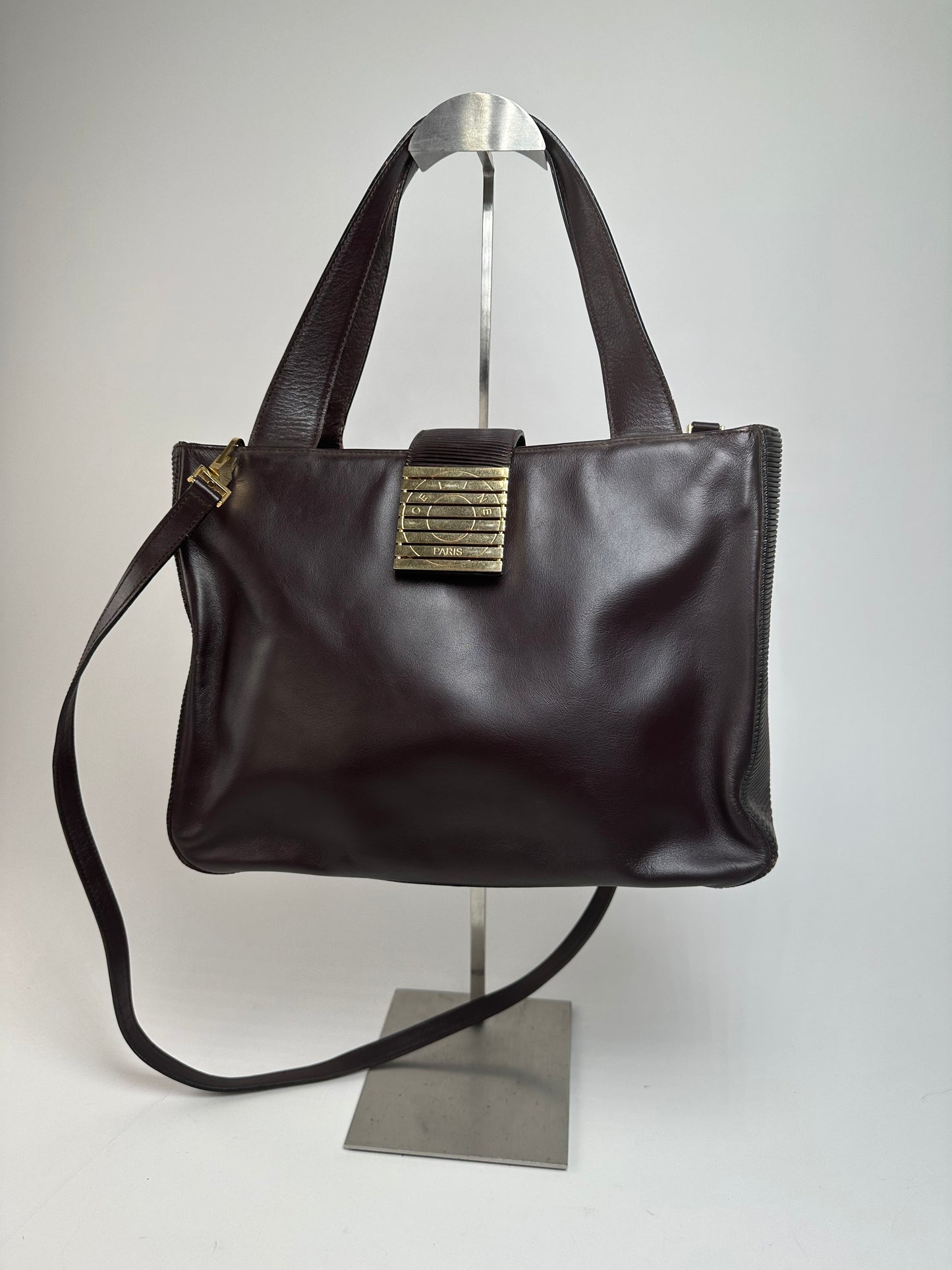 Vintage Celine Smooth Leather Tote Y2K Dark Brown Gold