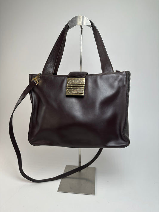 Vintage Celine Smooth Leather Tote Y2K Dark Brown Gold