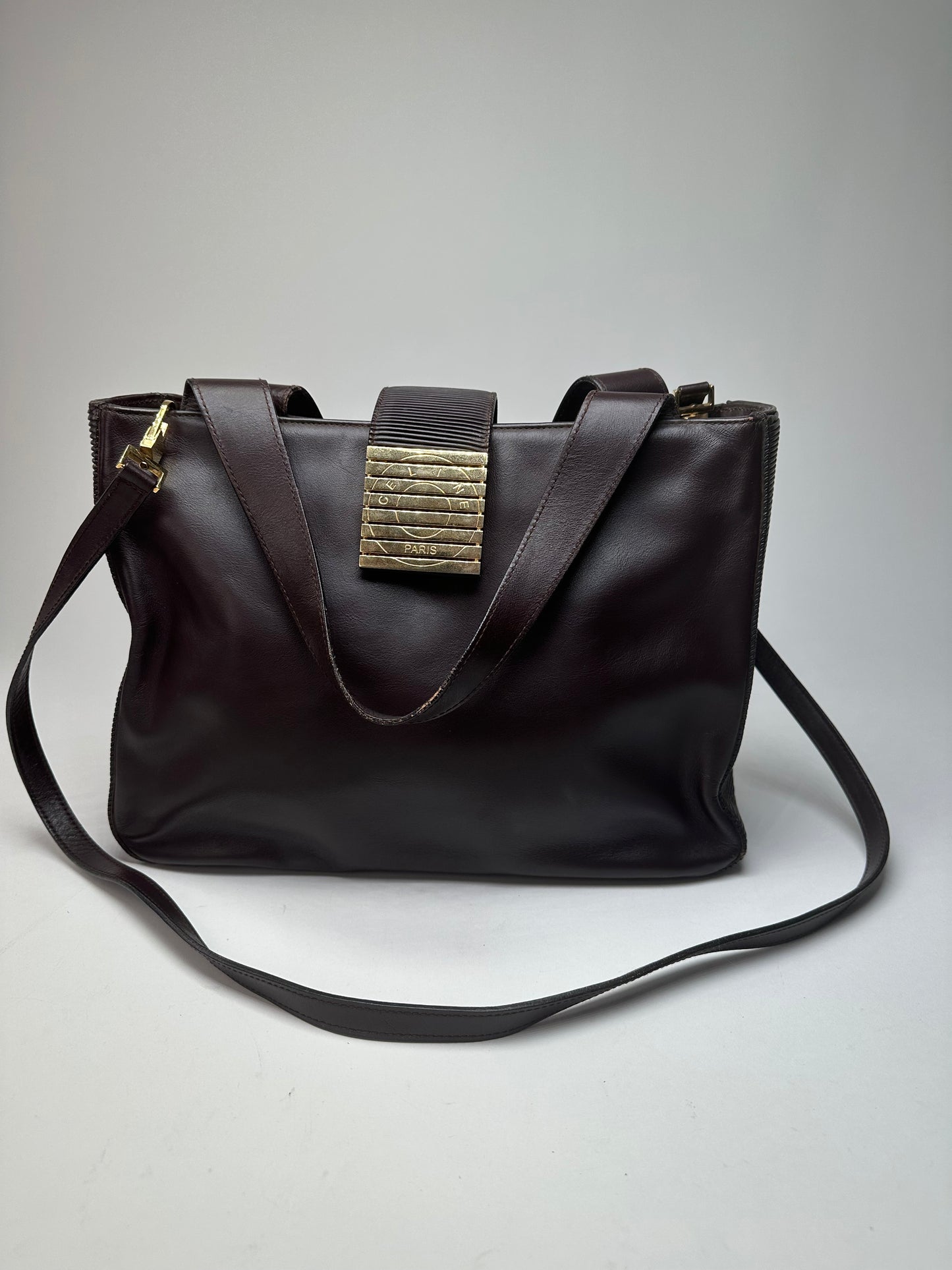 Vintage Celine Smooth Leather Tote Y2K Dark Brown Gold