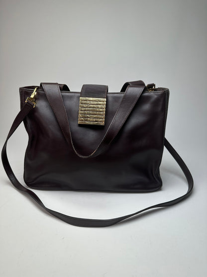Vintage Celine Smooth Leather Tote Y2K Dark Brown Gold