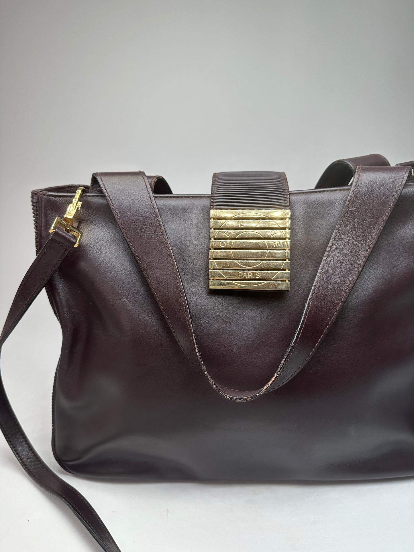 Vintage Celine Smooth Leather Tote Y2K Dark Brown Gold