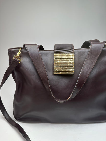 Vintage Celine Smooth Leather Tote Y2K Dark Brown Gold