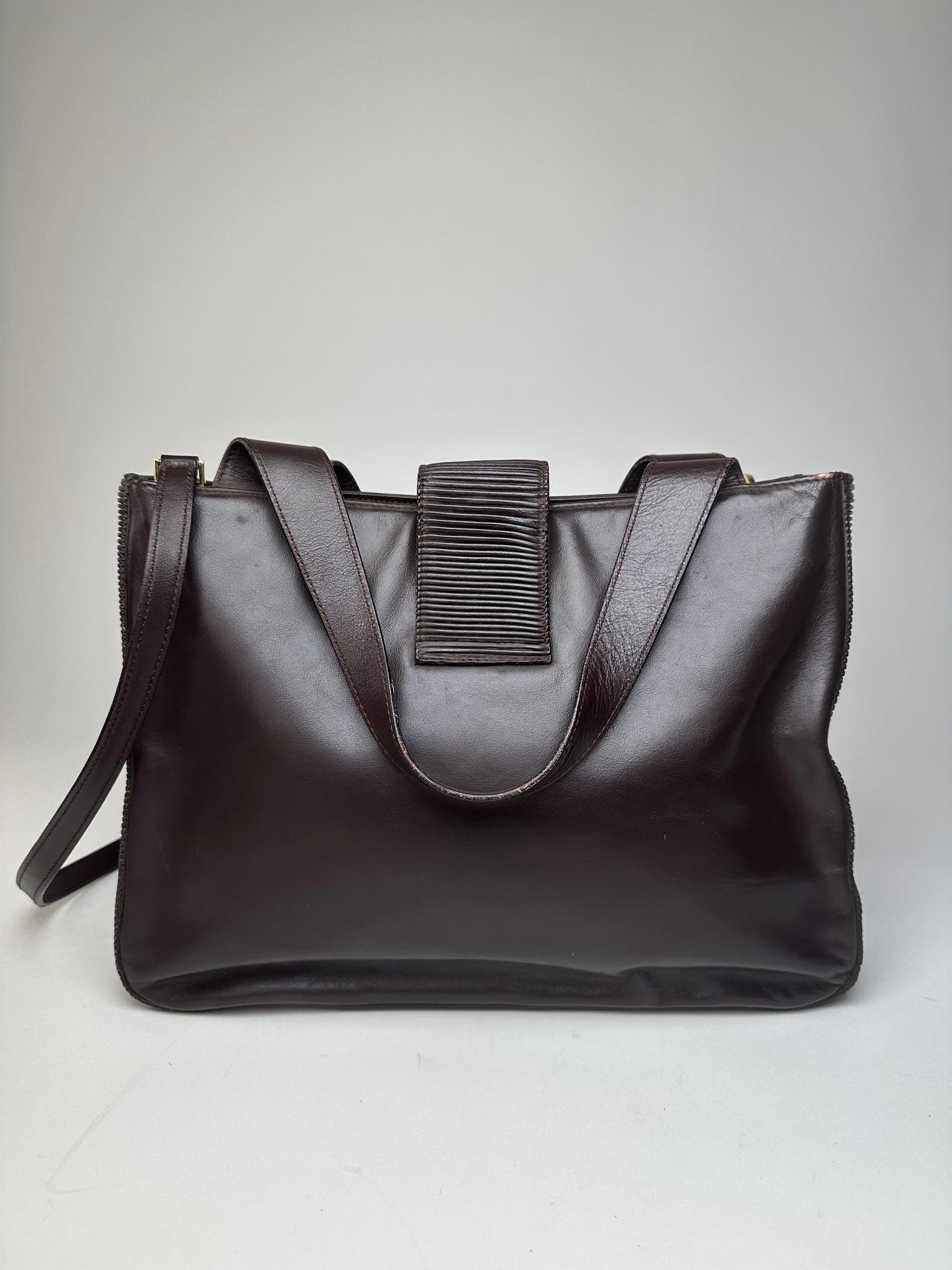Vintage Celine Smooth Leather Tote Y2K Dark Brown Gold