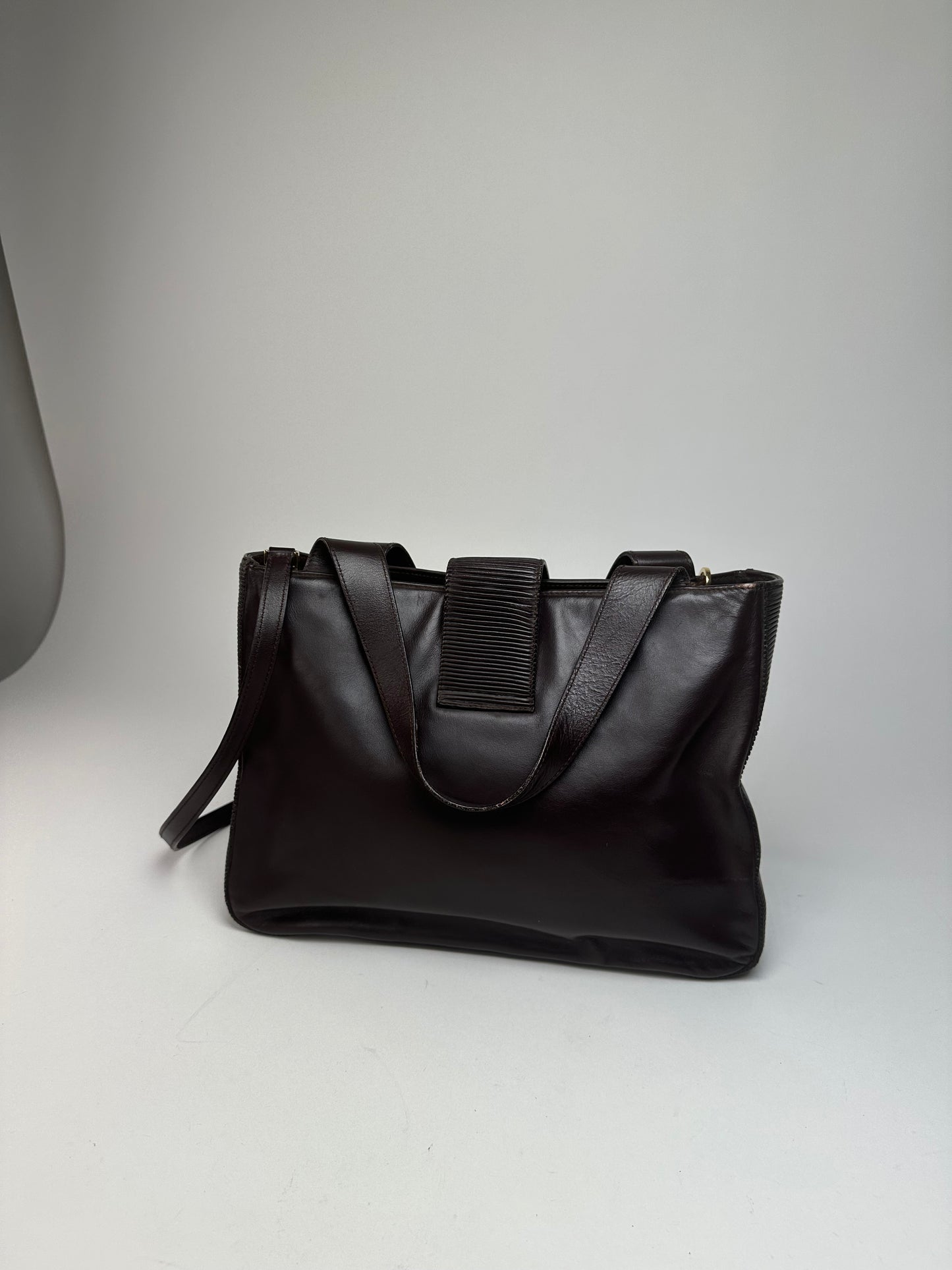 Vintage Celine Smooth Leather Tote Y2K Dark Brown Gold
