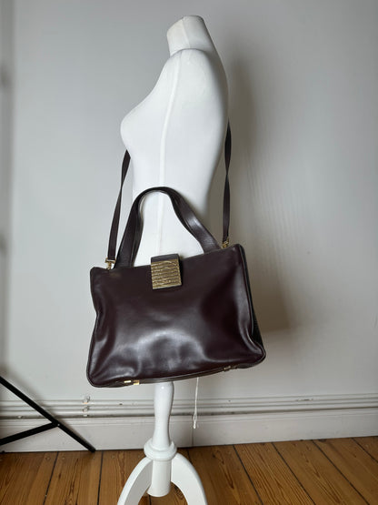Vintage Celine Smooth Leather Tote Y2K Dark Brown Gold