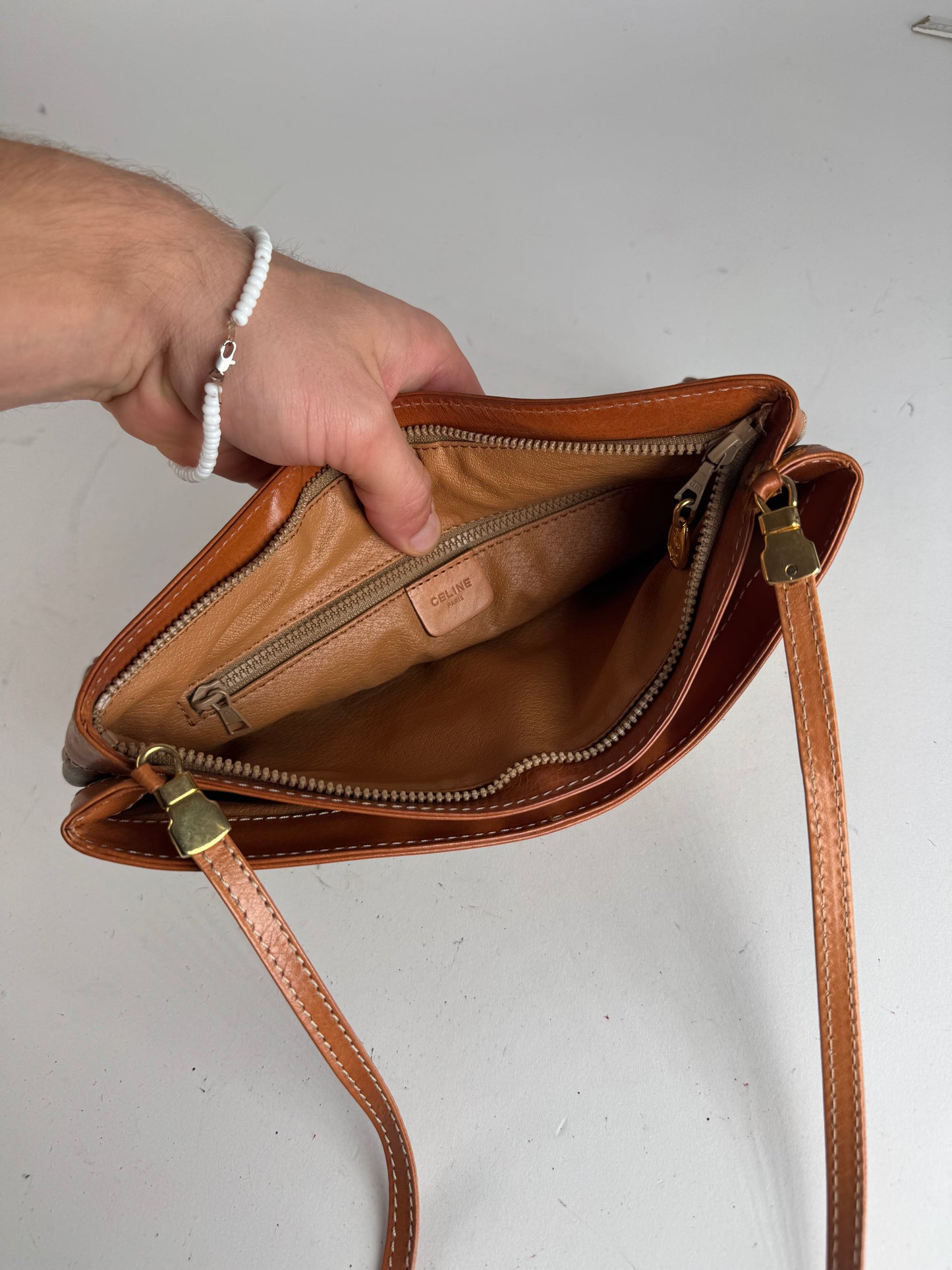 Vintage Celine Paris Triomphe Monogram Leather Crossbody Bag beige Brown