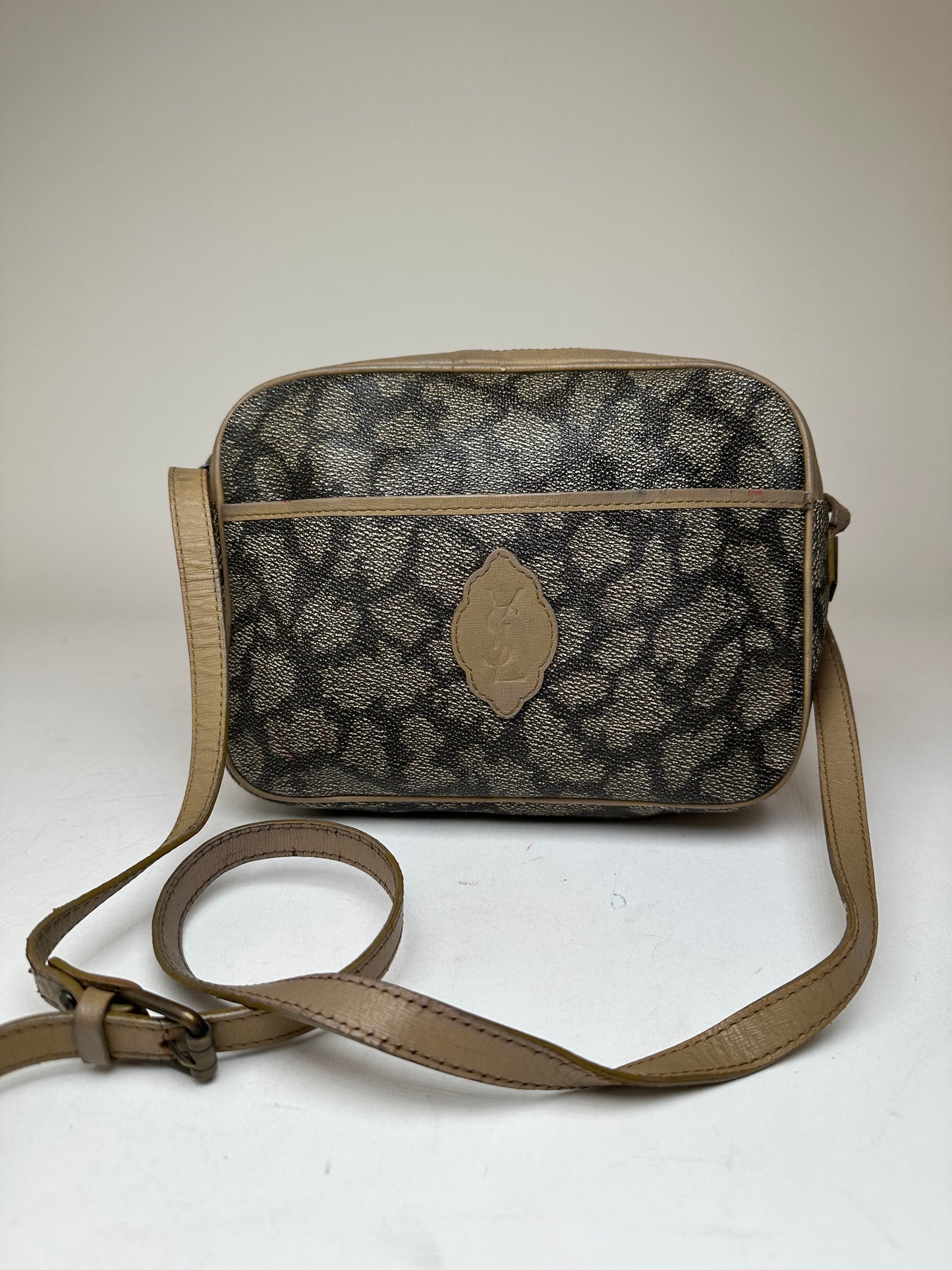 Vintage Yves Saint Laurent Leather Shoulder Bag Black Grey Brown