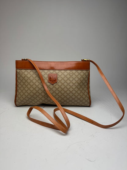Vintage Celine Paris Triomphe Monogram Leather Crossbody Bag beige Brown