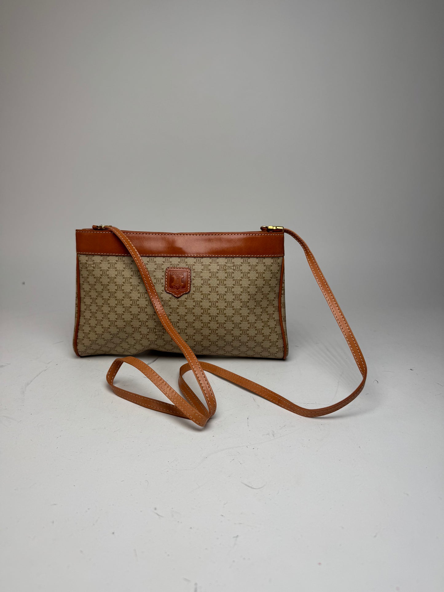 Vintage Celine Paris Triomphe Monogram Leather Crossbody Bag beige Brown