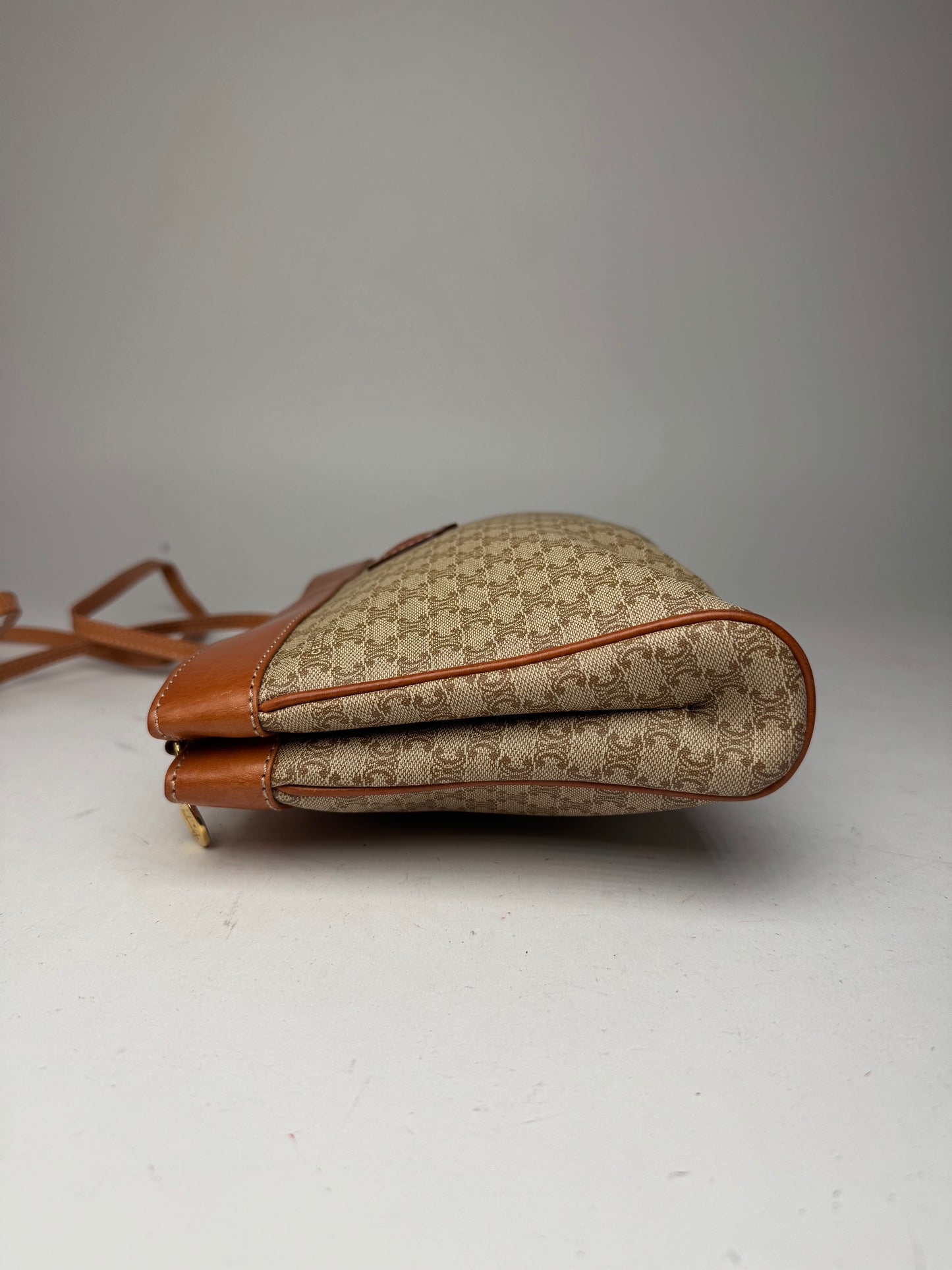 Vintage Celine Paris Triomphe Monogram Leather Crossbody Bag beige Brown