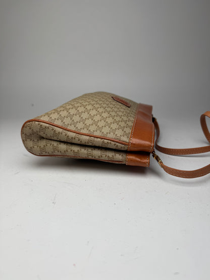 Vintage Celine Paris Triomphe Monogram Leather Crossbody Bag beige Brown