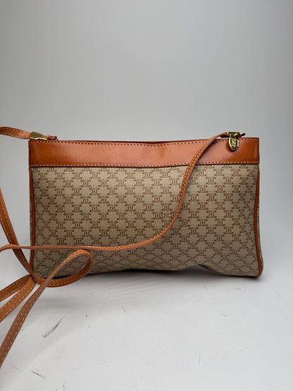 Vintage Celine Paris Triomphe Monogram Leather Crossbody Bag beige Brown