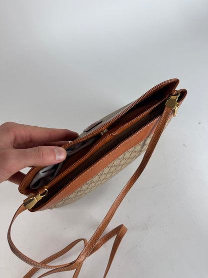 Vintage Celine Paris Triomphe Monogram Leather Crossbody Bag beige Brown