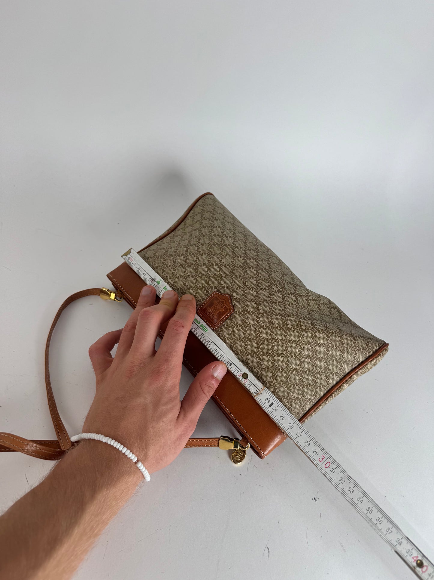 Vintage Celine Paris Triomphe Monogram Leather Crossbody Bag beige Brown