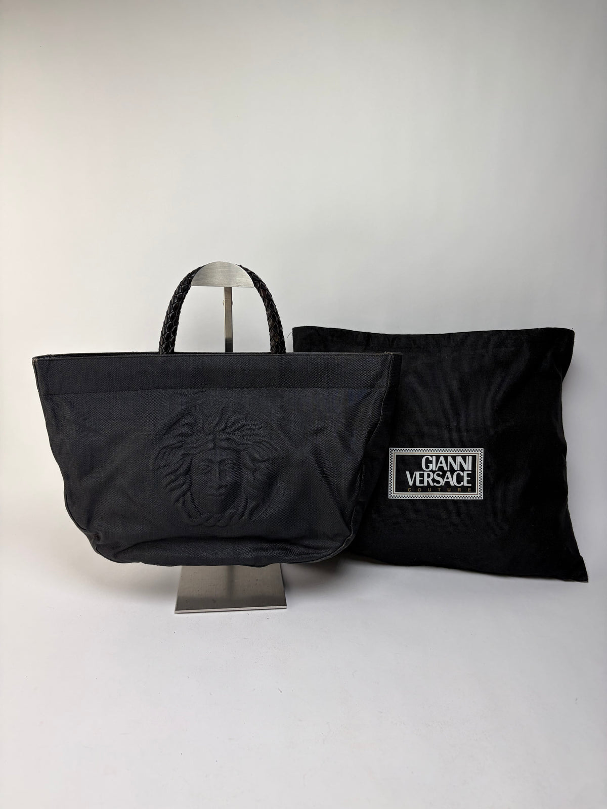 Vintage Versace Couture Canvas Tote Mid-1990s Black Gold