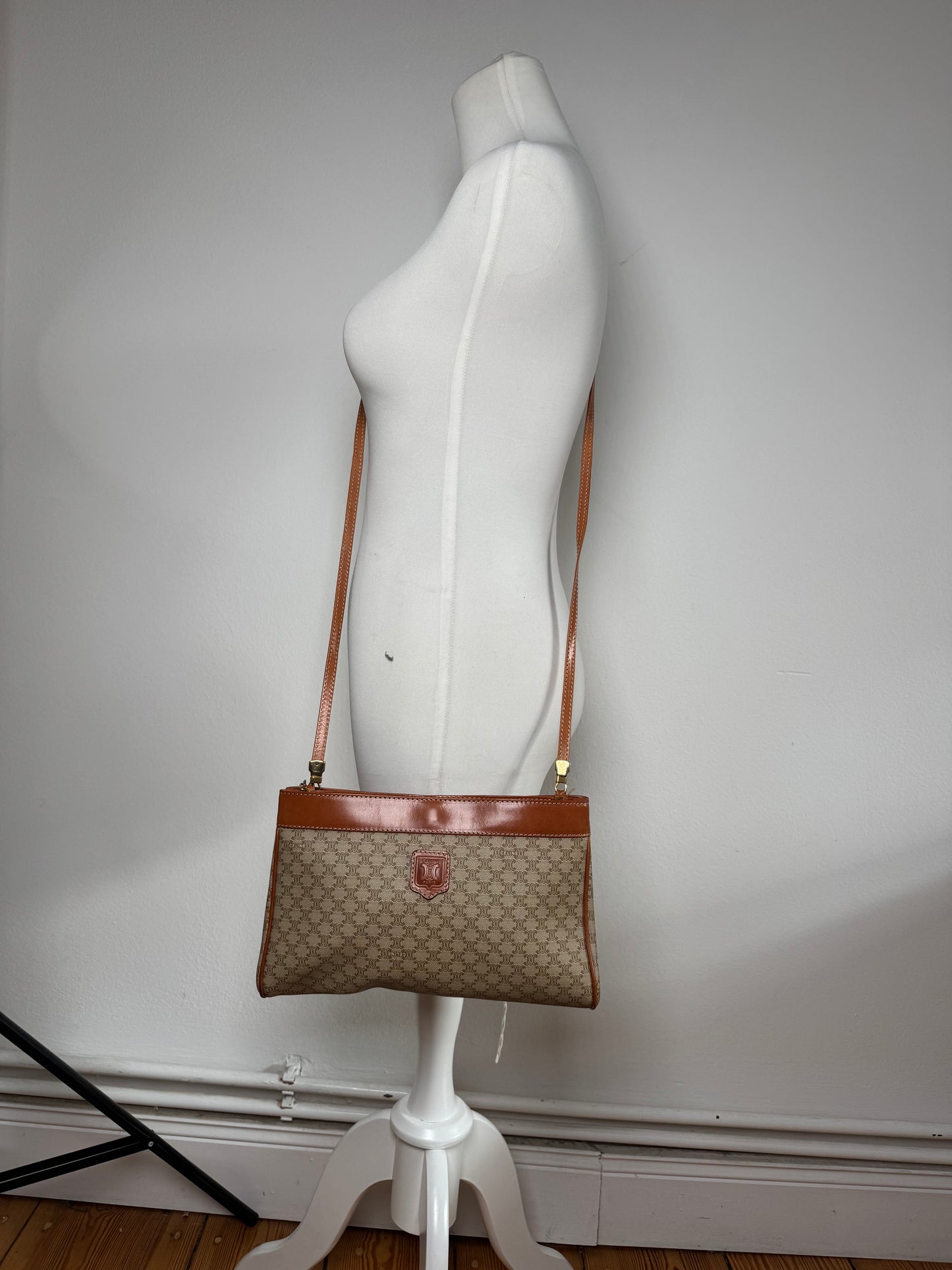 Vintage Celine Paris Triomphe Monogram Leather Crossbody Bag beige Brown