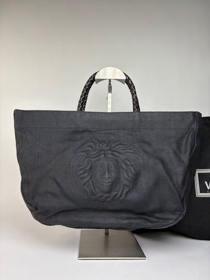 Vintage Versace Couture Canvas Tote Mid-1990s Black Gold