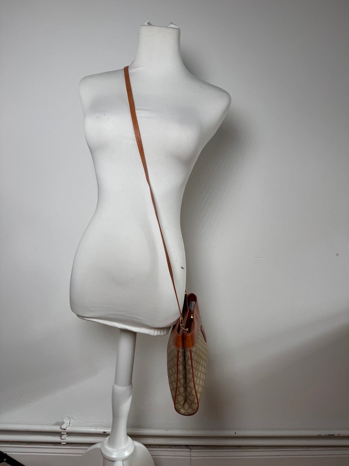 Vintage Celine Paris Triomphe Monogram Leather Crossbody Bag beige Brown