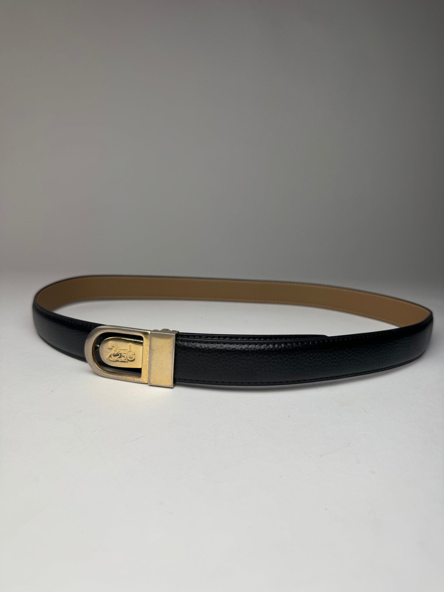 Vintage Celine Paris Carriage Logo Leather Belt Black