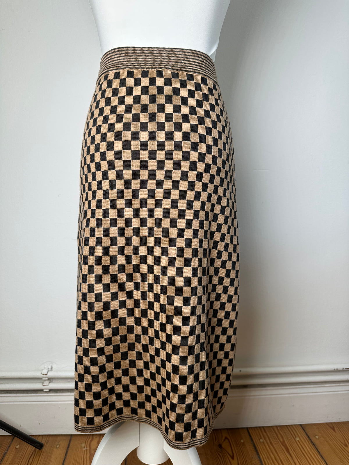 Vintage Fendi Checkerboard Knit Skirt Beige Black L