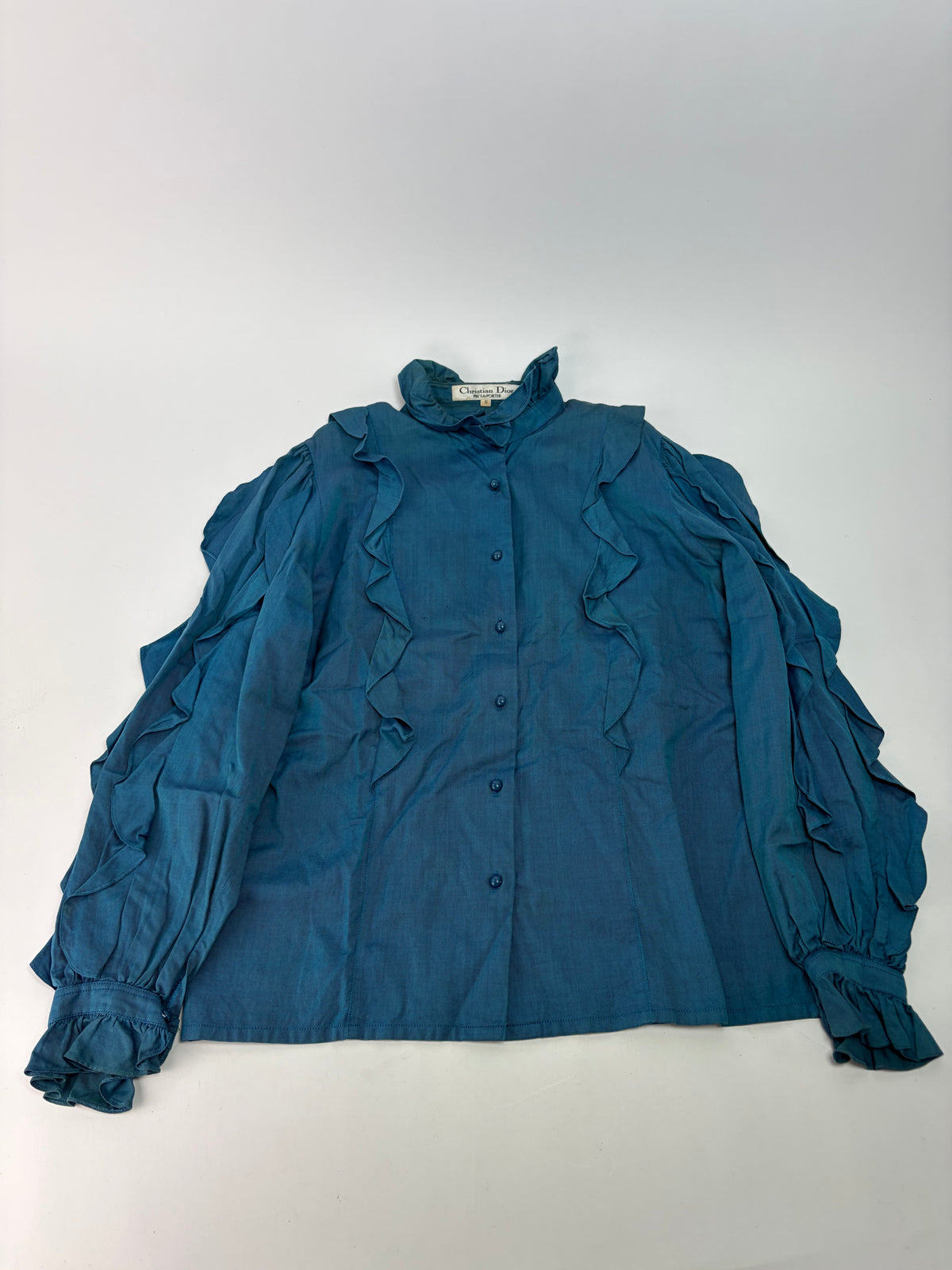 Vintage Dior Ruffled Silk Blouse c. Late 1970s Teal S