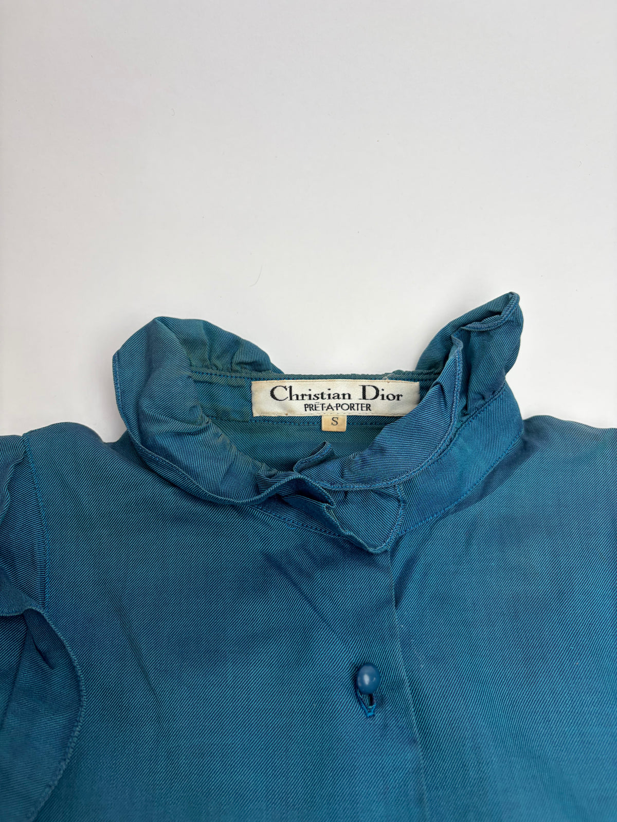 Vintage Dior Ruffled Silk Blouse c. Late 1970s Teal S