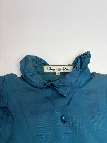 Vintage Dior Ruffled Silk Blouse c. Late 1970s Teal S