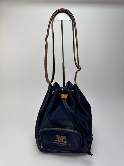 Sac seau vintage en cuir Courreges Paris bleu marine
