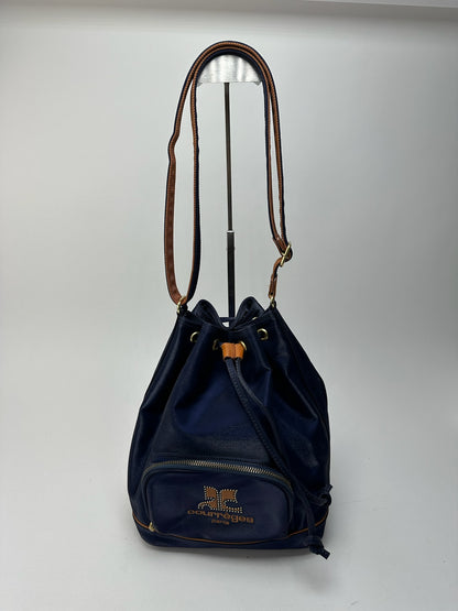 Sac seau vintage en cuir Courreges Paris bleu marine