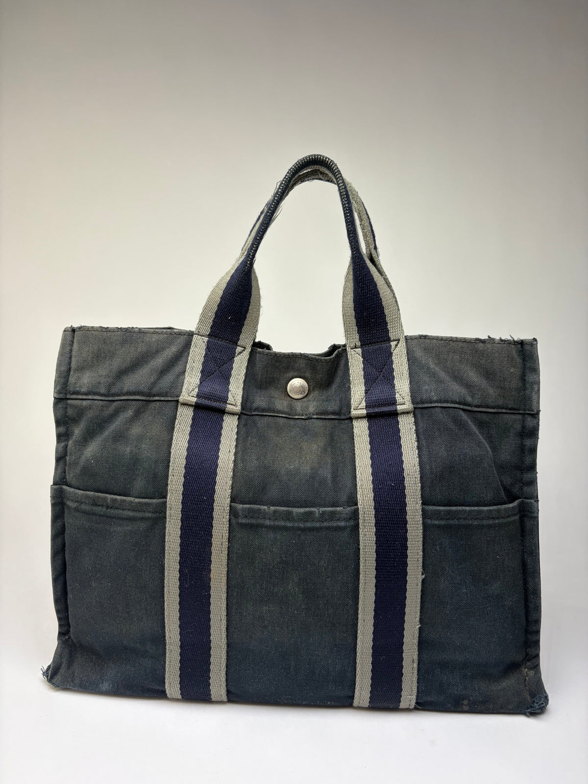 Vintage Hermes Canvas Tote Bag Dark Grey Navy Damaged