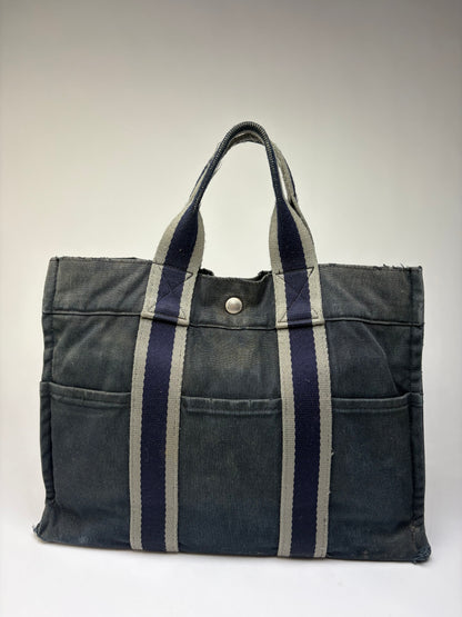 Vintage Hermes Canvas Tote Bag Dark Grey Navy Damaged
