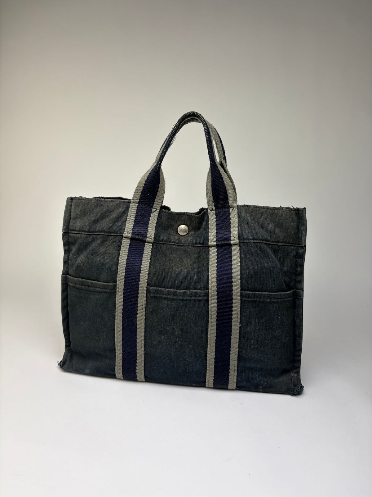 Vintage Hermes Canvas Tote Bag Dark Grey Navy Damaged
