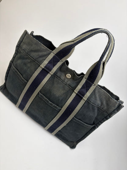 Vintage Hermes Canvas Tote Bag Dark Grey Navy Damaged