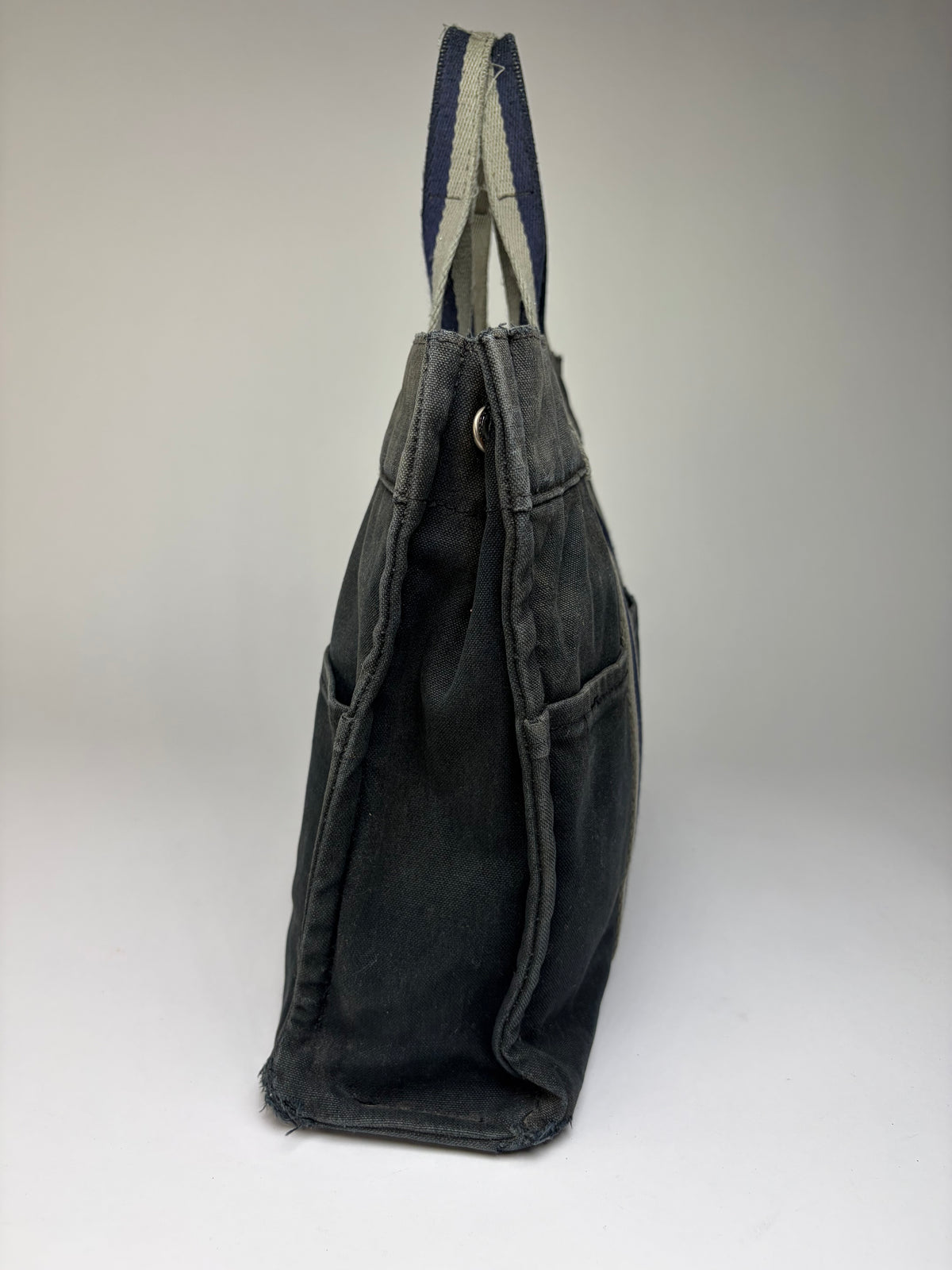 Vintage Hermes Canvas Tote Bag Dark Grey Navy Damaged