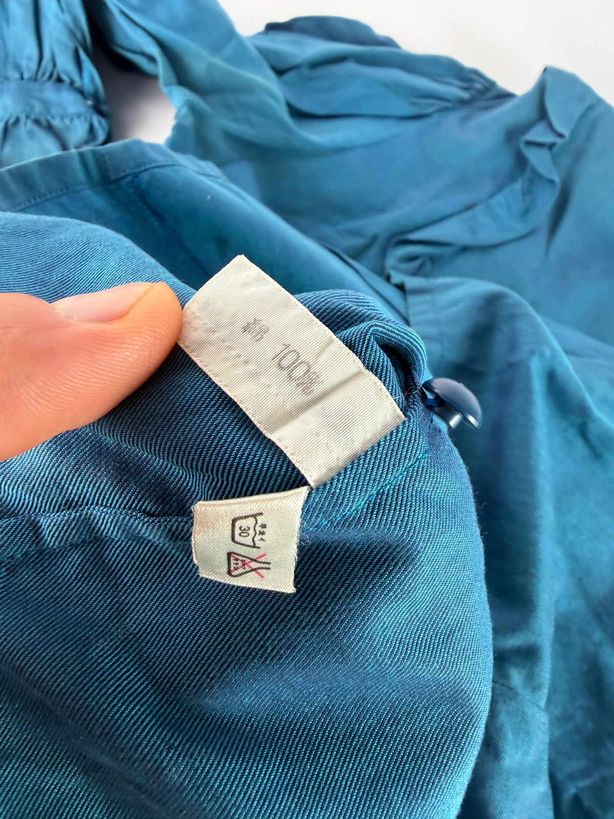 Vintage Dior Ruffled Silk Blouse c. Late 1970s Teal S
