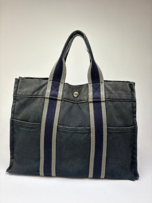 Vintage Hermes Canvas Tote Bag Dark Grey Navy Damaged