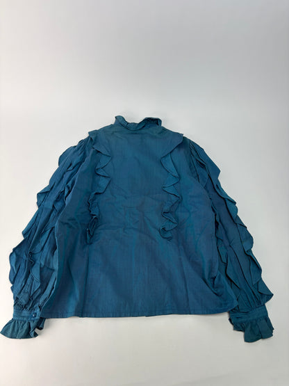 Vintage Dior Ruffled Silk Blouse c. Late 1970s Teal S