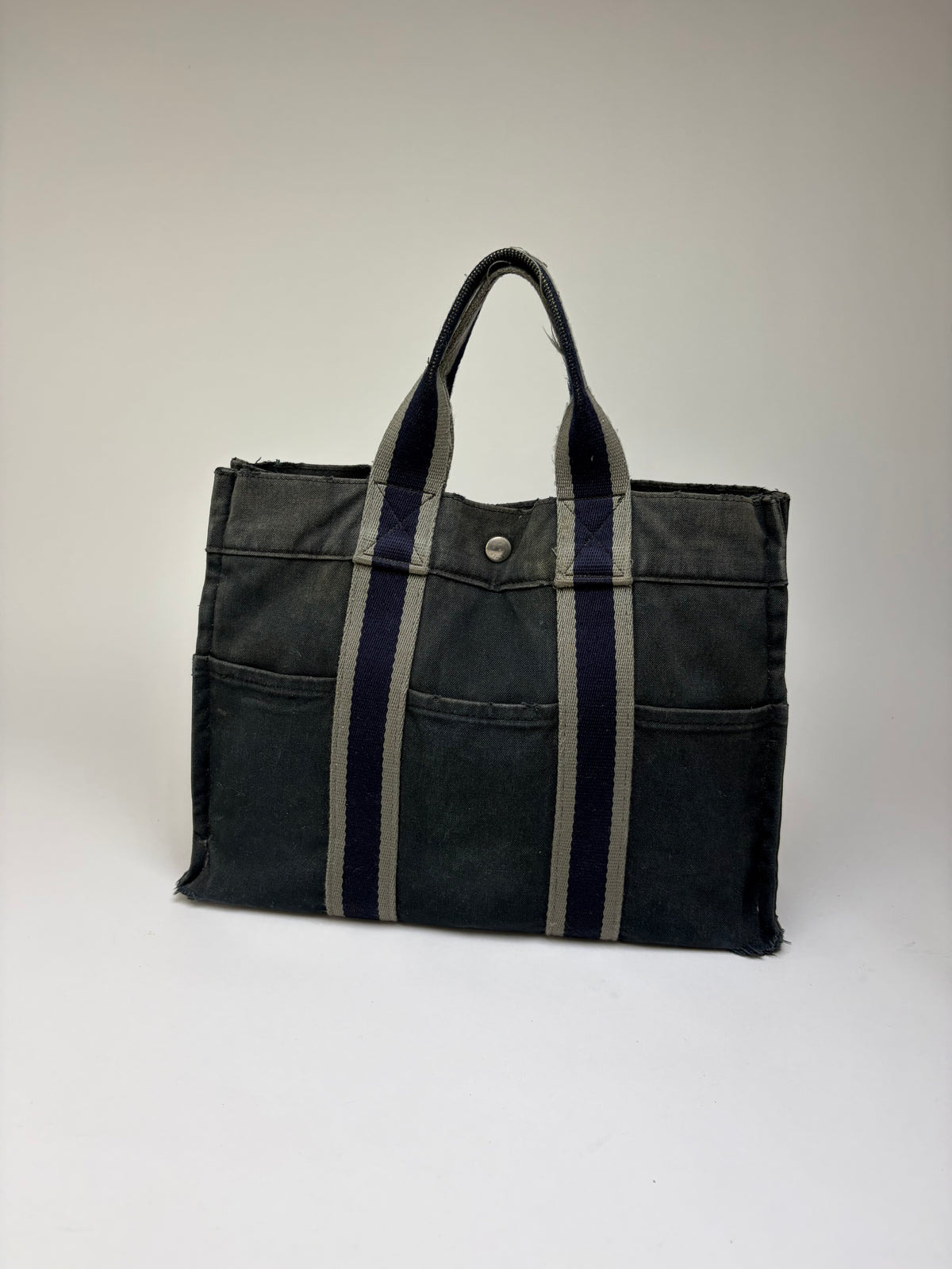Vintage Hermes Canvas Tote Bag Dark Grey Navy Damaged