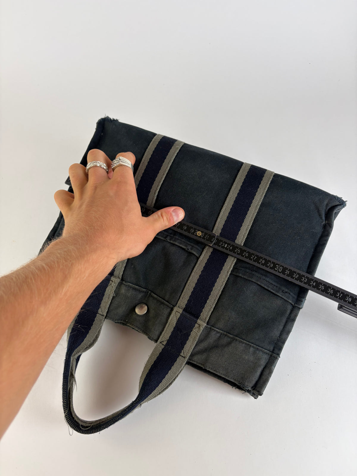 Vintage Hermes Canvas Tote Bag Dark Grey Navy Damaged