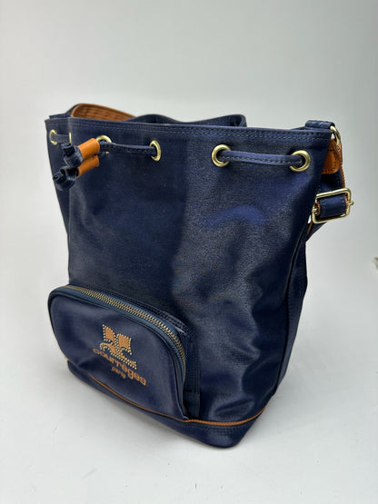 Sac seau vintage en cuir Courreges Paris bleu marine