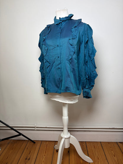 Vintage Dior Ruffled Silk Blouse c. Late 1970s Teal S