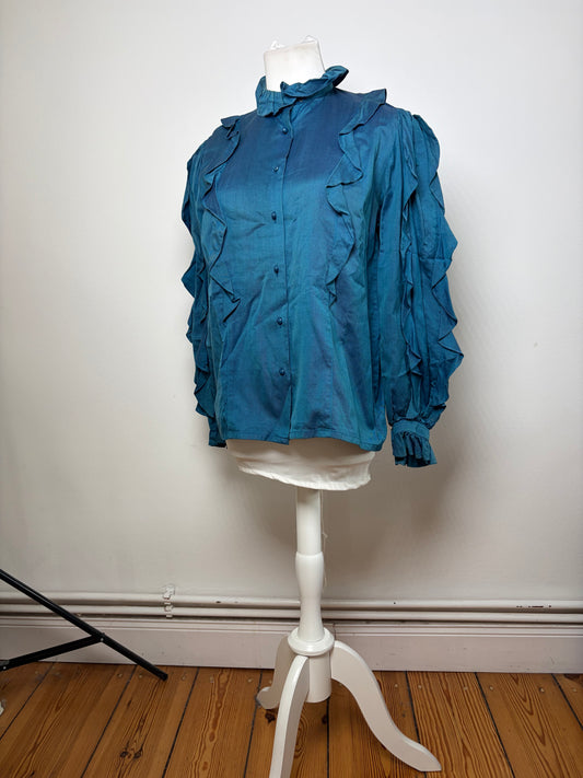 Vintage Dior Ruffled Silk Blouse c. Late 1970s Teal S