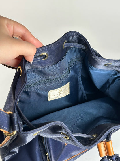 Sac seau vintage en cuir Courreges Paris bleu marine