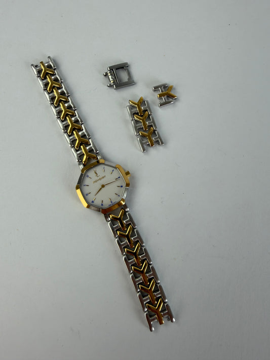 Vintage Yves Saint Laurent Octagonal Bracelet Watch Gold Silver