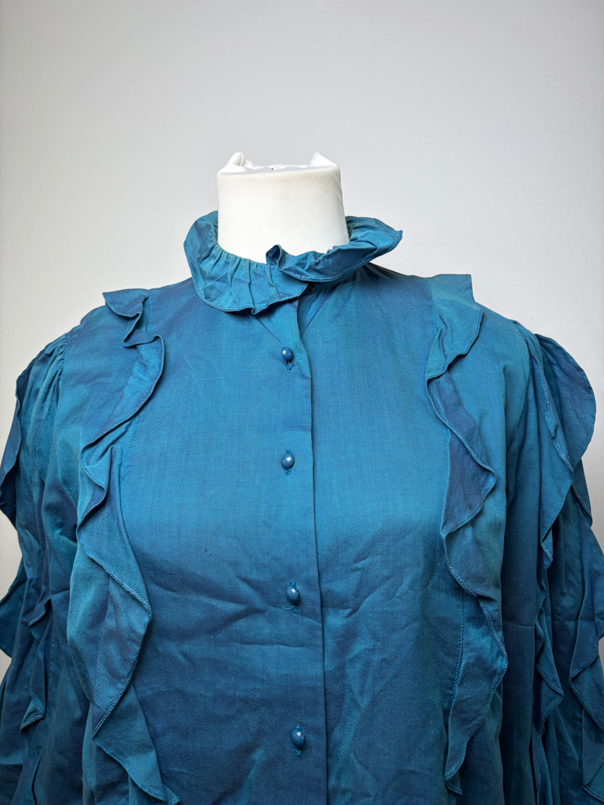 Vintage Dior Ruffled Silk Blouse c. Late 1970s Teal S