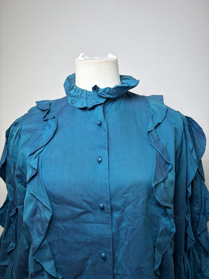 Vintage Dior Ruffled Silk Blouse c. Late 1970s Teal S