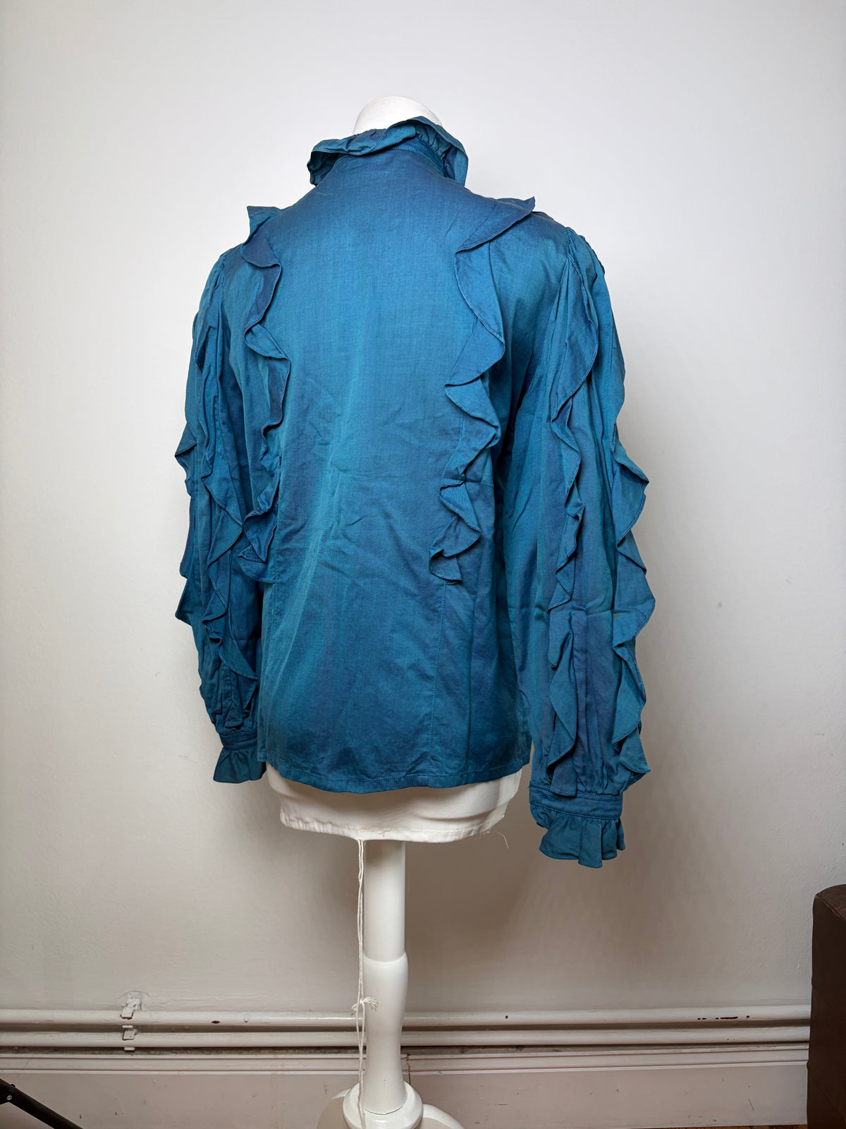 Vintage Dior Ruffled Silk Blouse c. Late 1970s Teal S