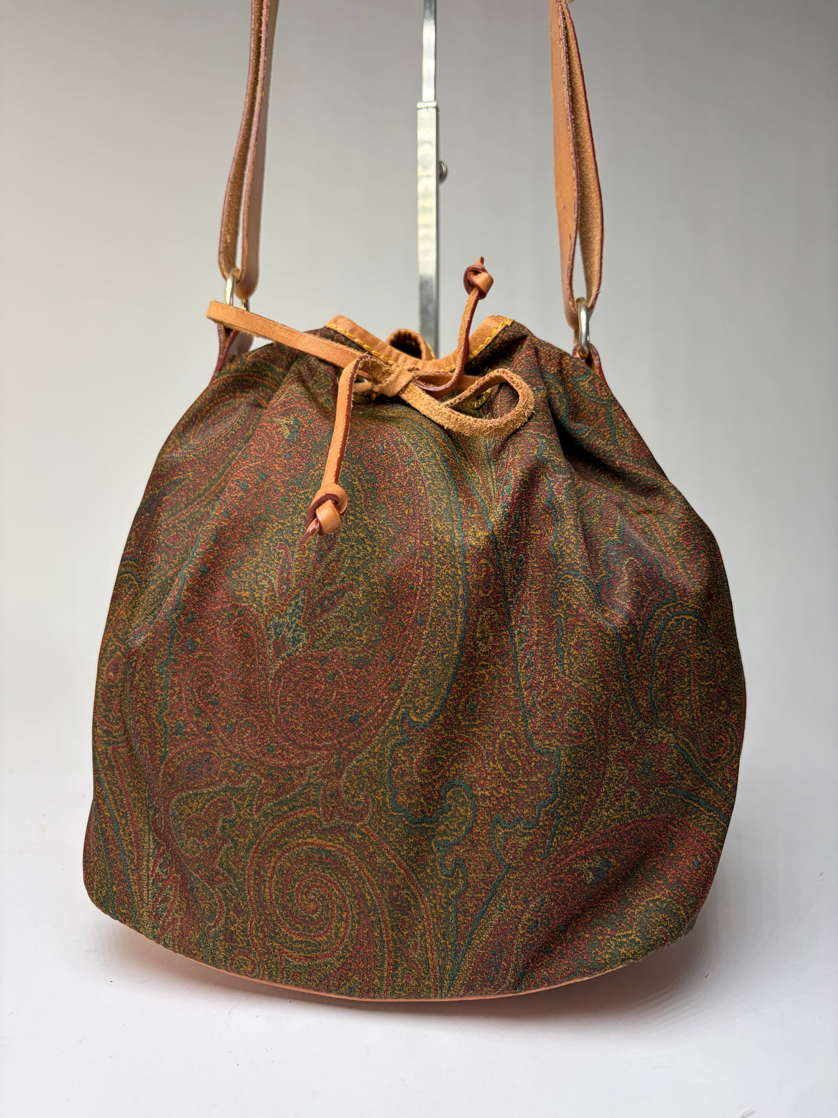 Vintage Etro Paisley Canvas Drawstring Bucket Bag Late 1980s Green Rust