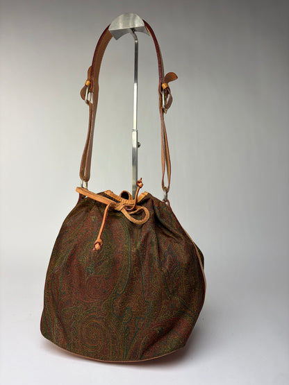 Vintage Etro Paisley Canvas Drawstring Bucket Bag Late 1980s Green Rust