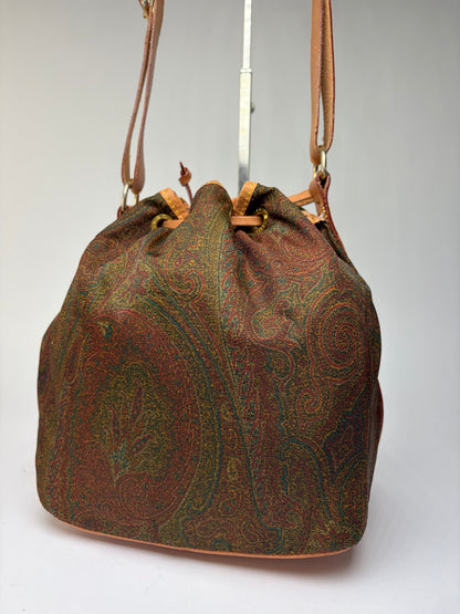 Vintage Etro Paisley Canvas Drawstring Bucket Bag Late 1980s Green Rust